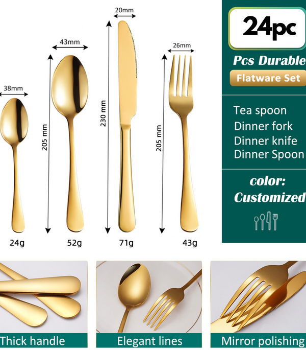Stainless Steel Gold Premium Flatware Cutlery Set | 24pc